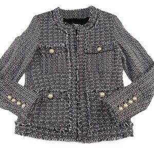 Nanette Lepore Women's Open Front Tweed Blazer Size 4 Black White Pearl Buttons